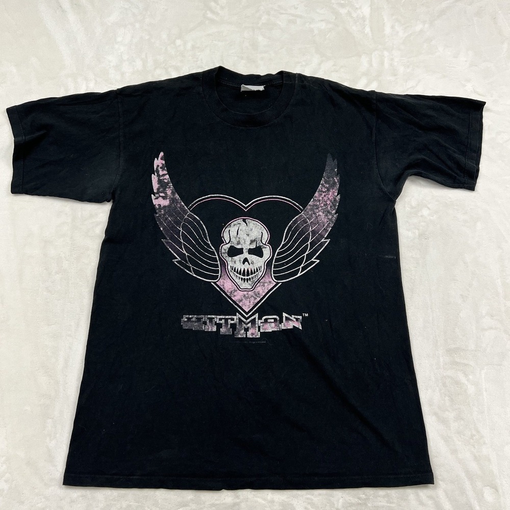 90s WWF Bret Hart Hitman T-Shirt Mens XL Black Pink Winged Skull Heart Graphic